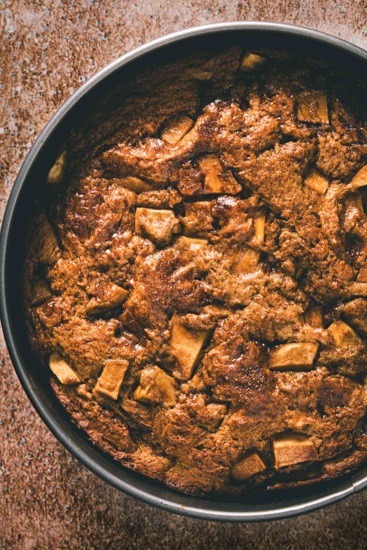Overhead shot of baked apple cake in a springform pan with a golden caramelized top and tender apple chunks.