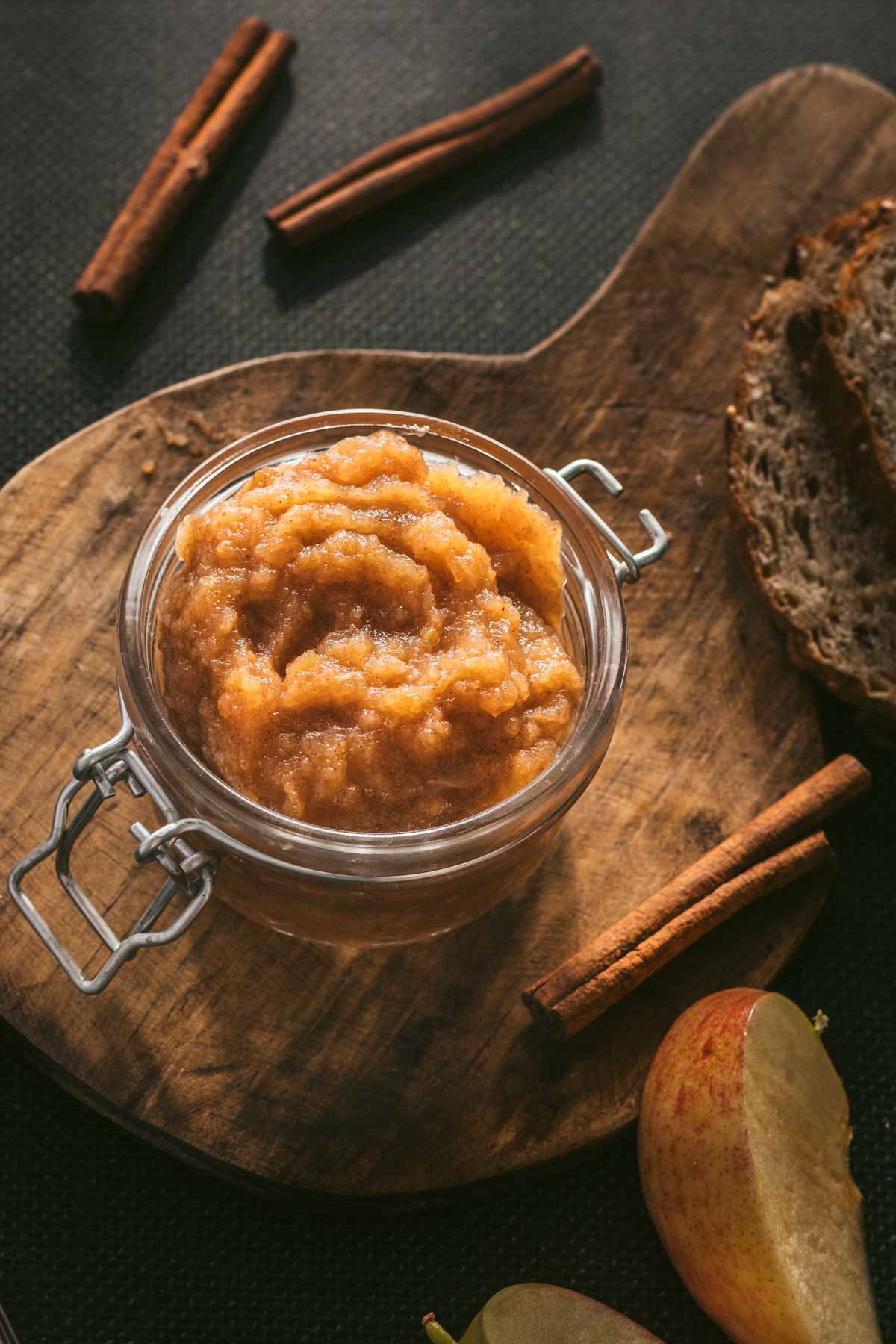 apple butter in a jar, 3/4 view