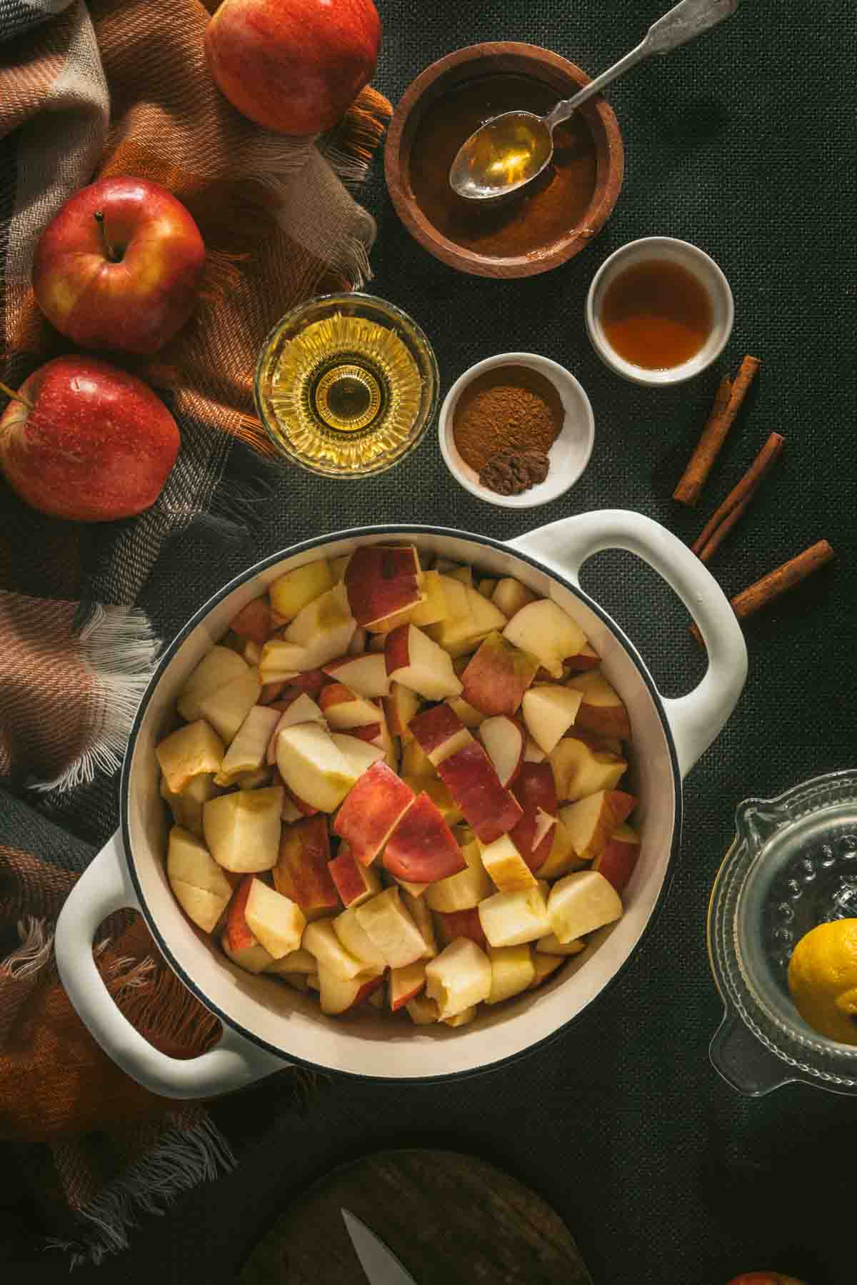 cut apples in a saucepan