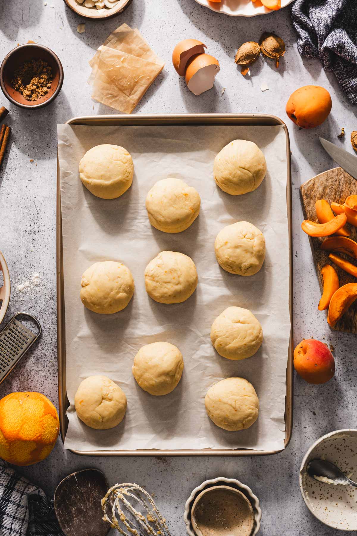 sweet buns formed on a baking sheet
