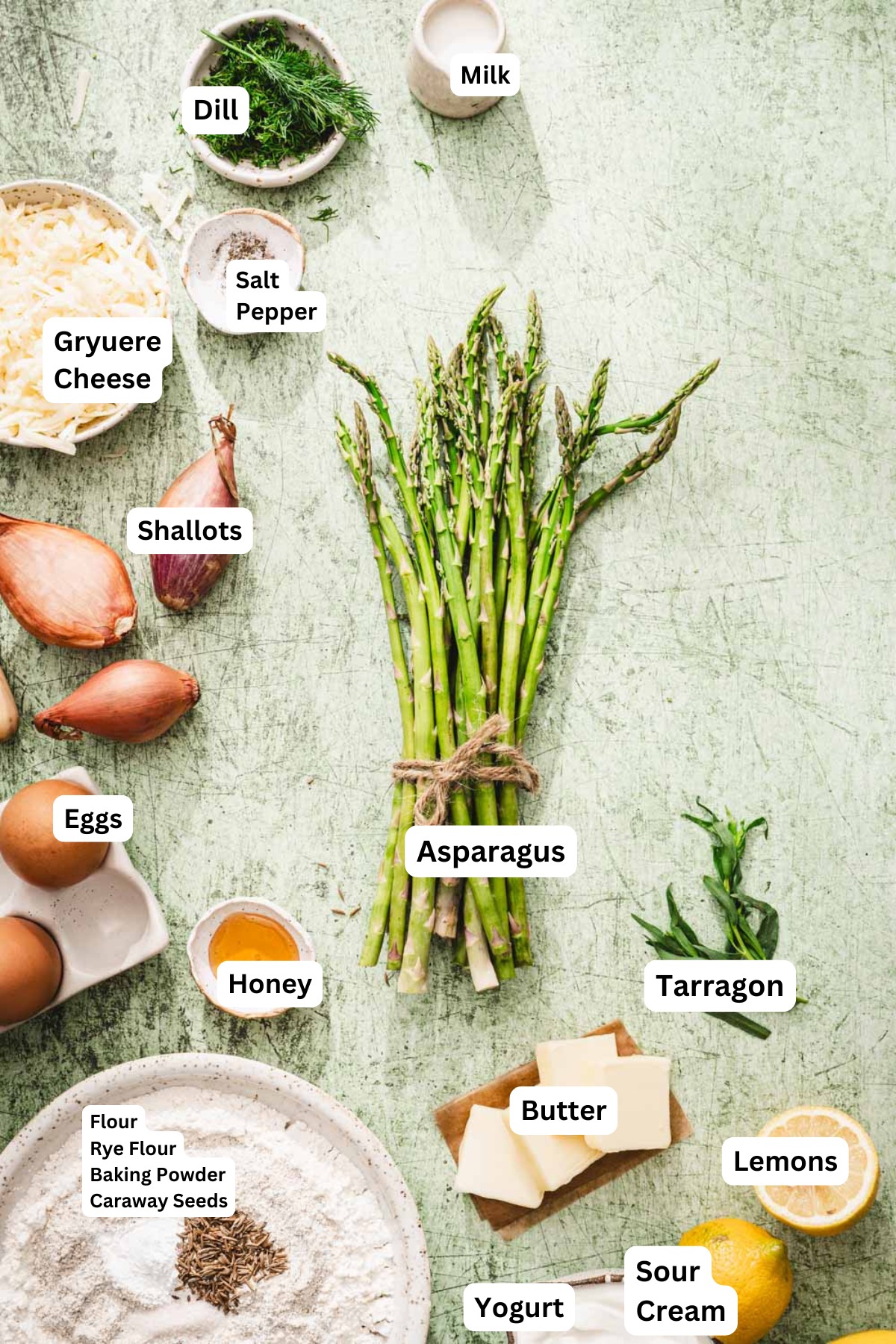 ingrdients to make asparagus cake with name tags