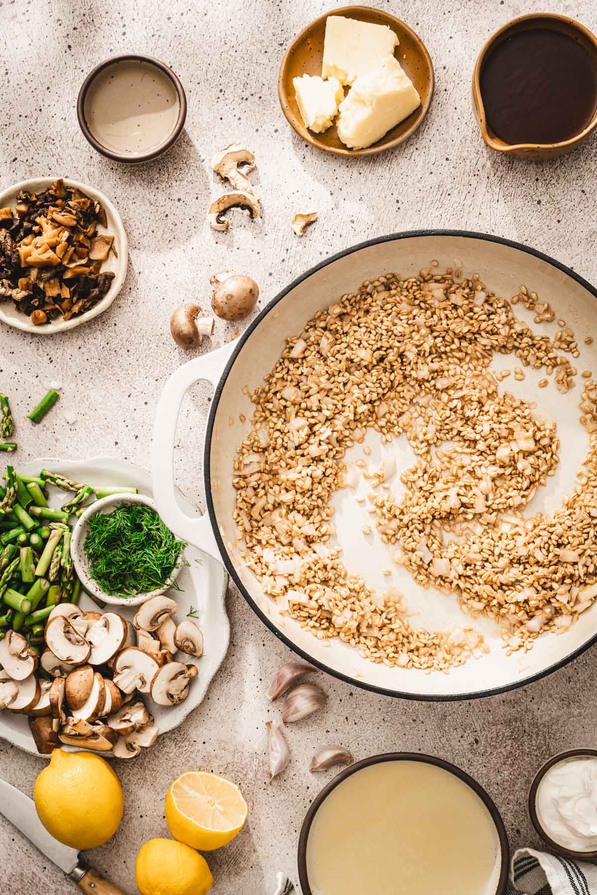 large skillet with roasted barley