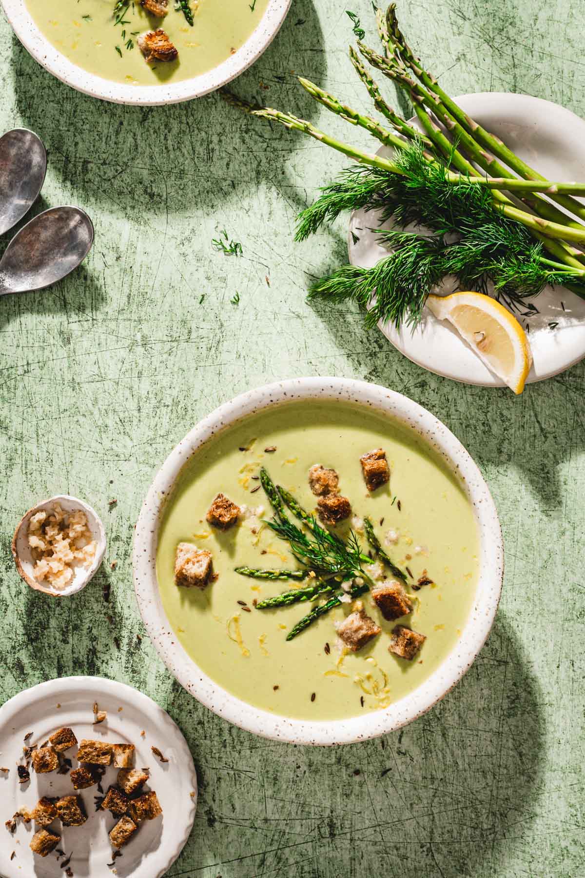 close up of a bowl with asparagus soup