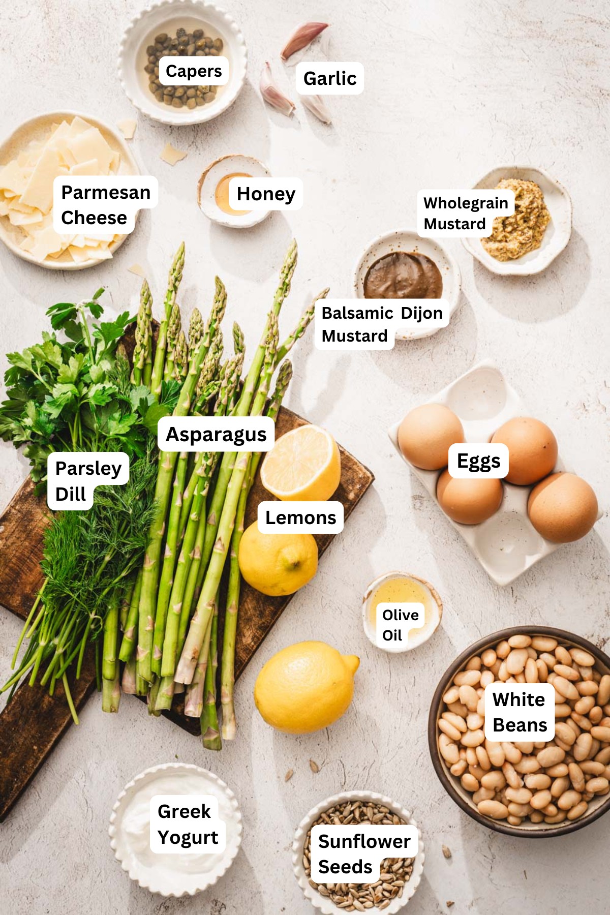 ingredients to make asparagus salad with name tags