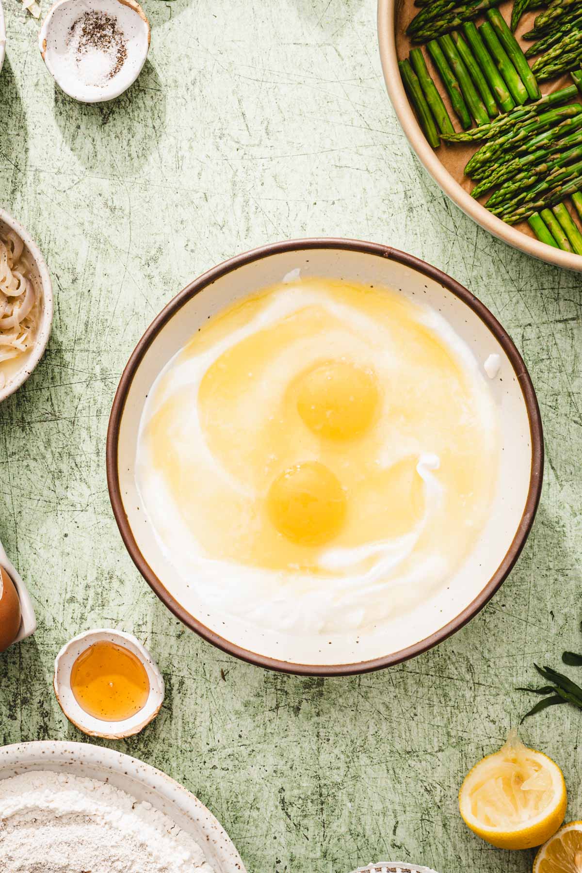 bowl with yogurt, and ggs