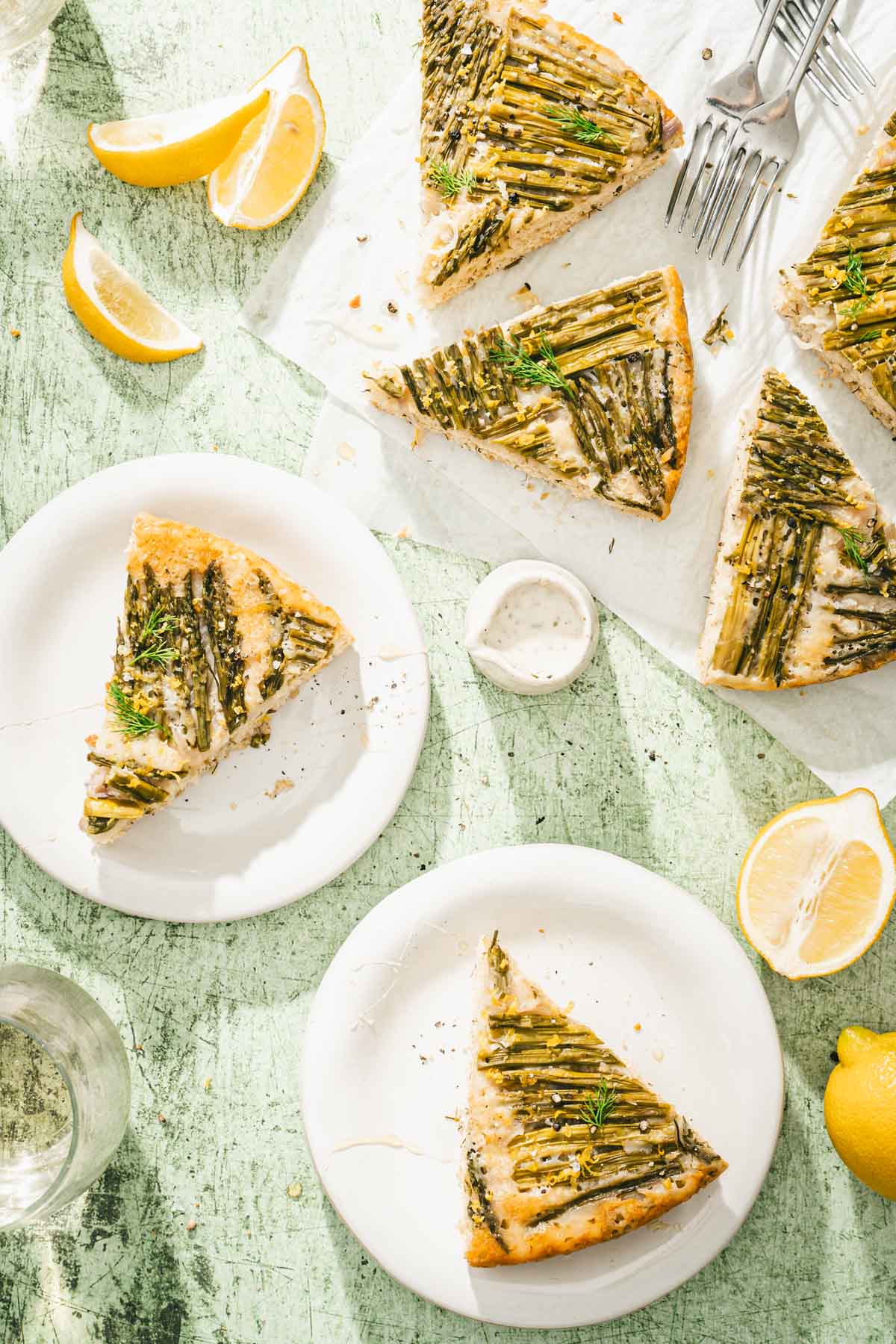 asapragus cake on serving plates, lemon,