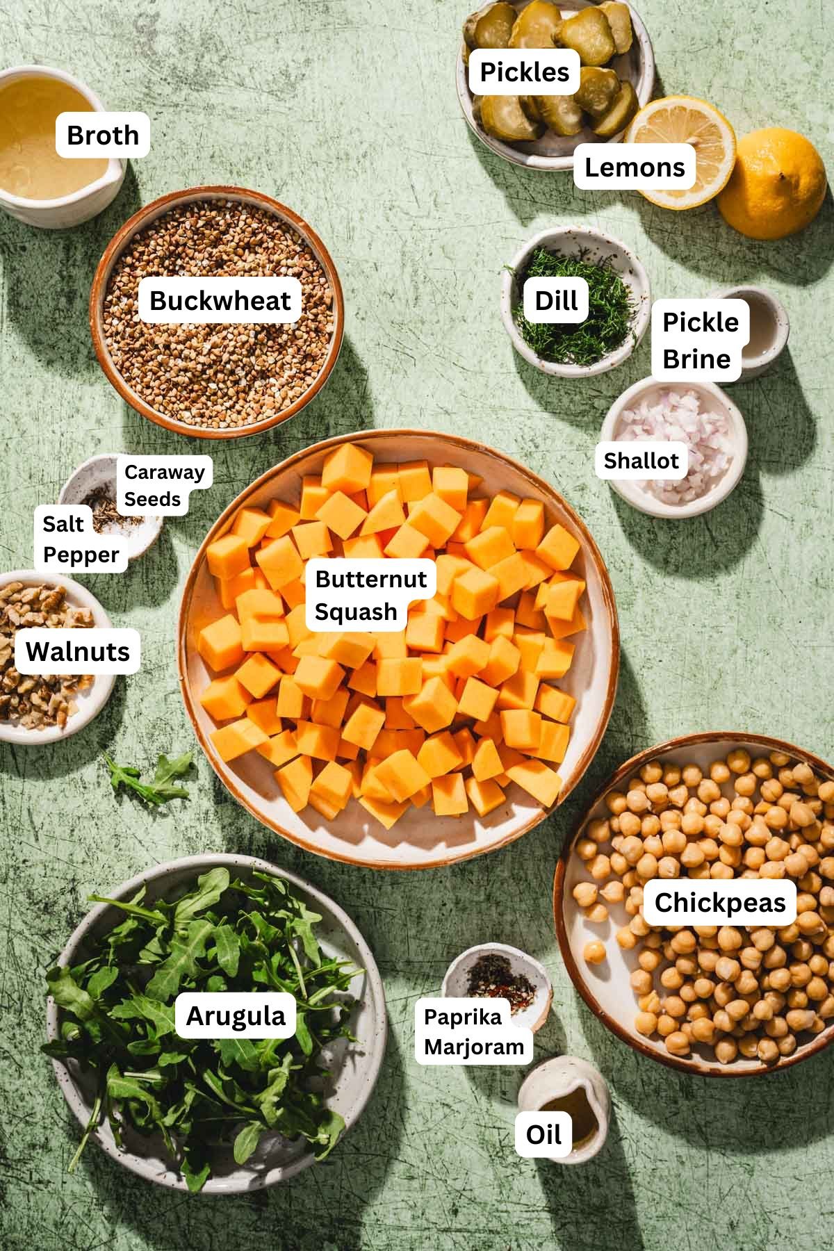 ingredients to make buckwheat bowl with name tags