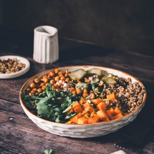serving bowl with buckwheat squash
