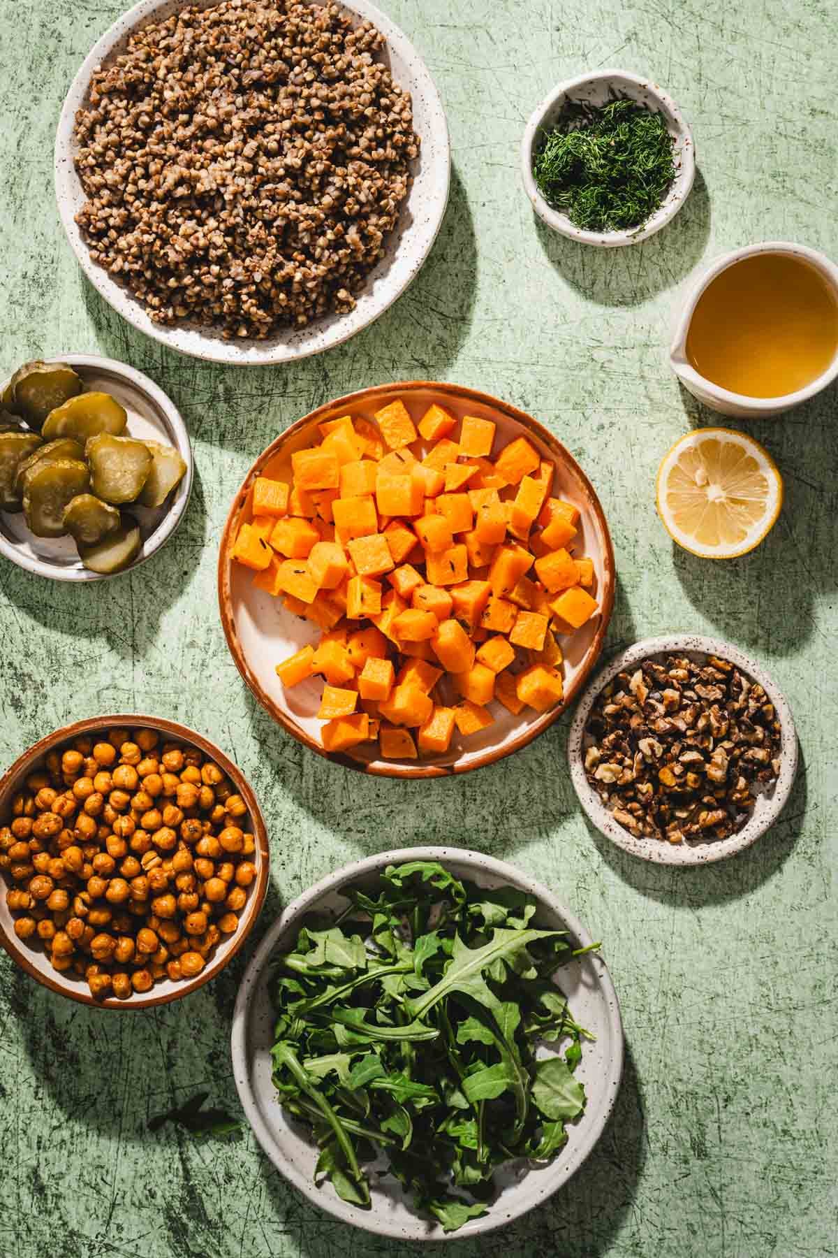 all ingredients ready to make the bickwheat squash bowl