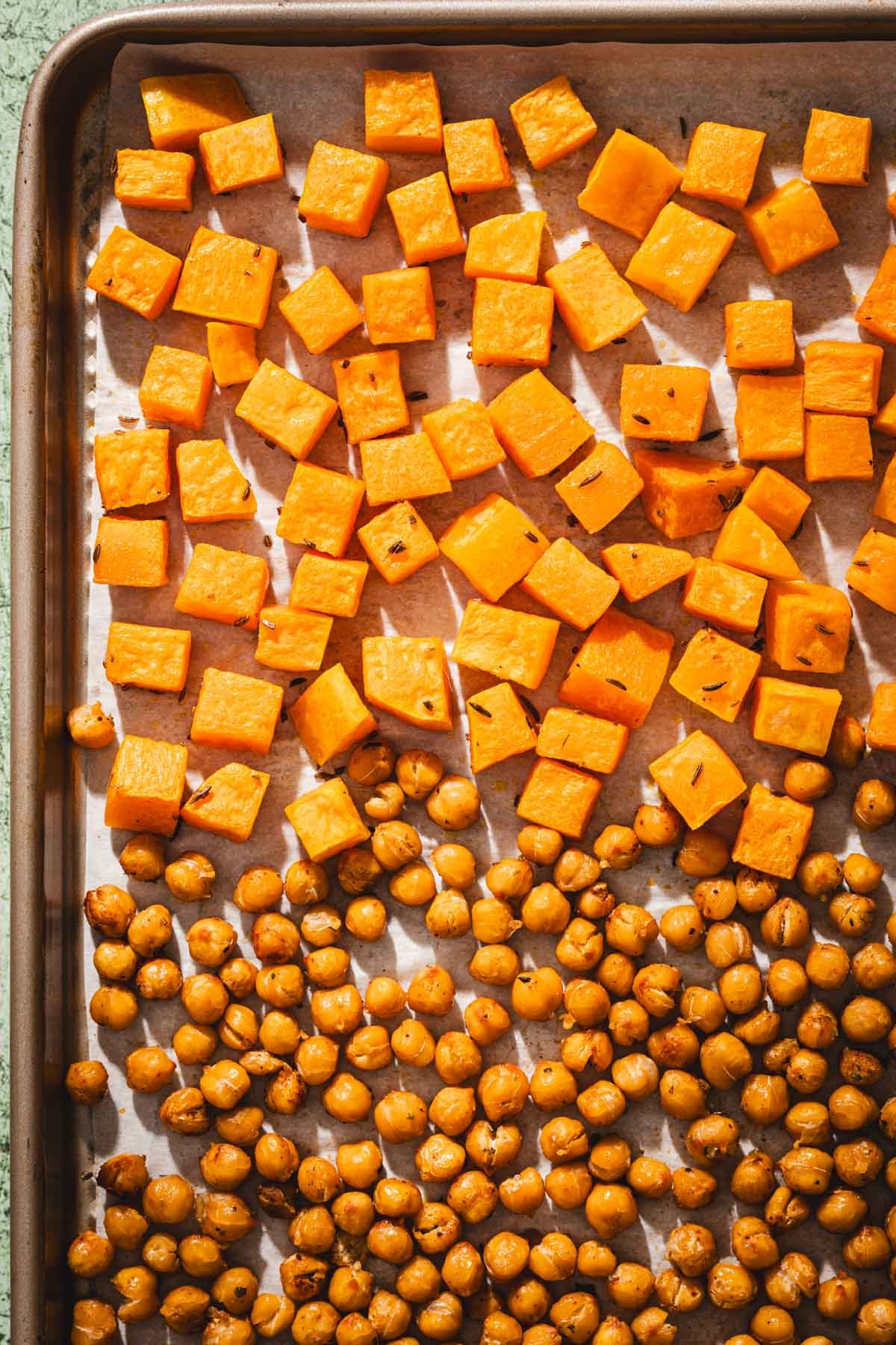 close up of baked squash and chickpeas