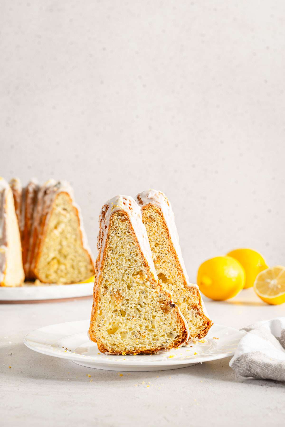 two slices of babka standing up