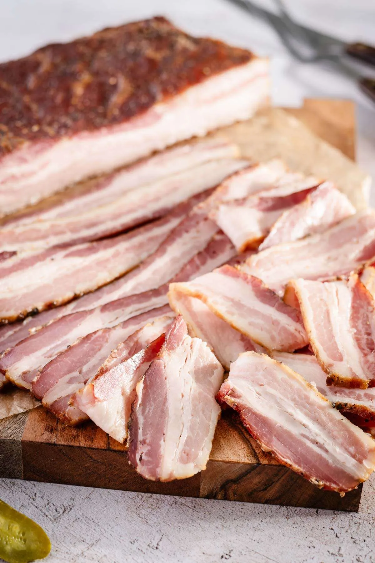 close up of cured and smoked bacon slices