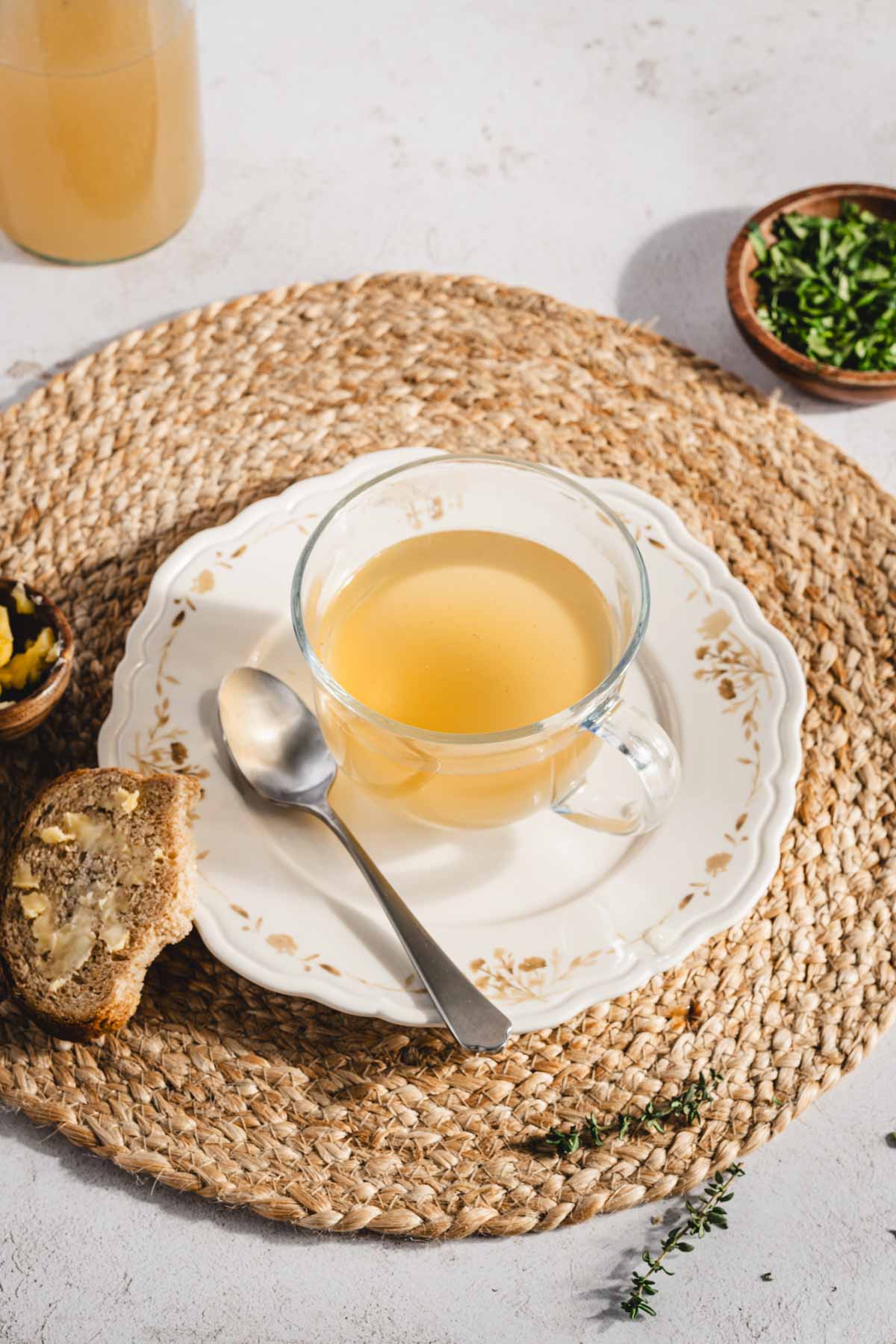 beef bone broth in a glass cup