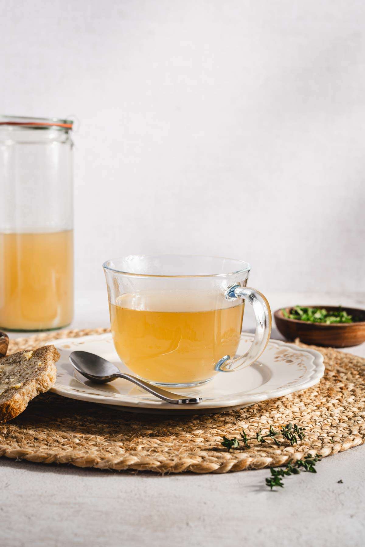 beef bone broth in a glass cup