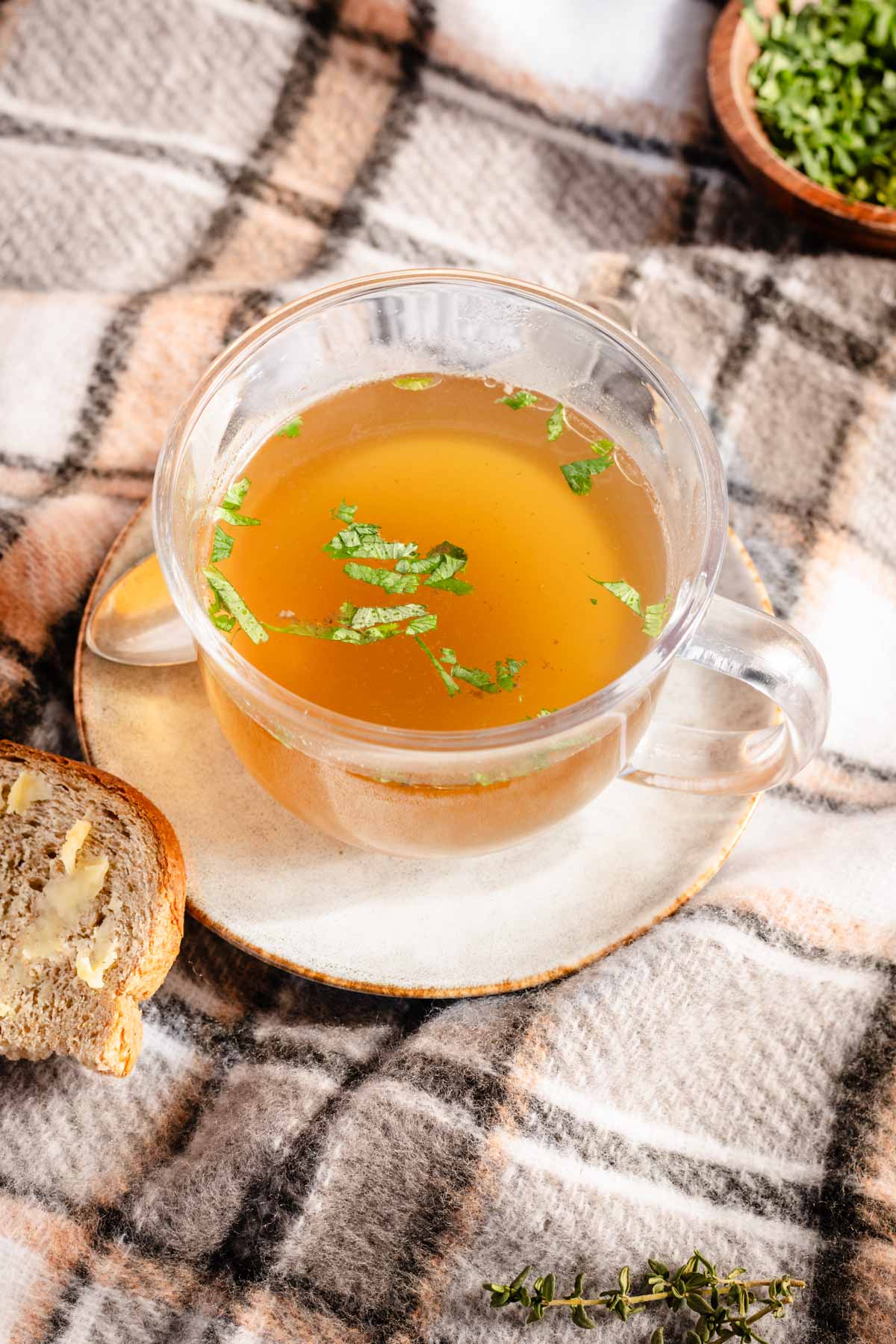 beef broth in a drinking glass