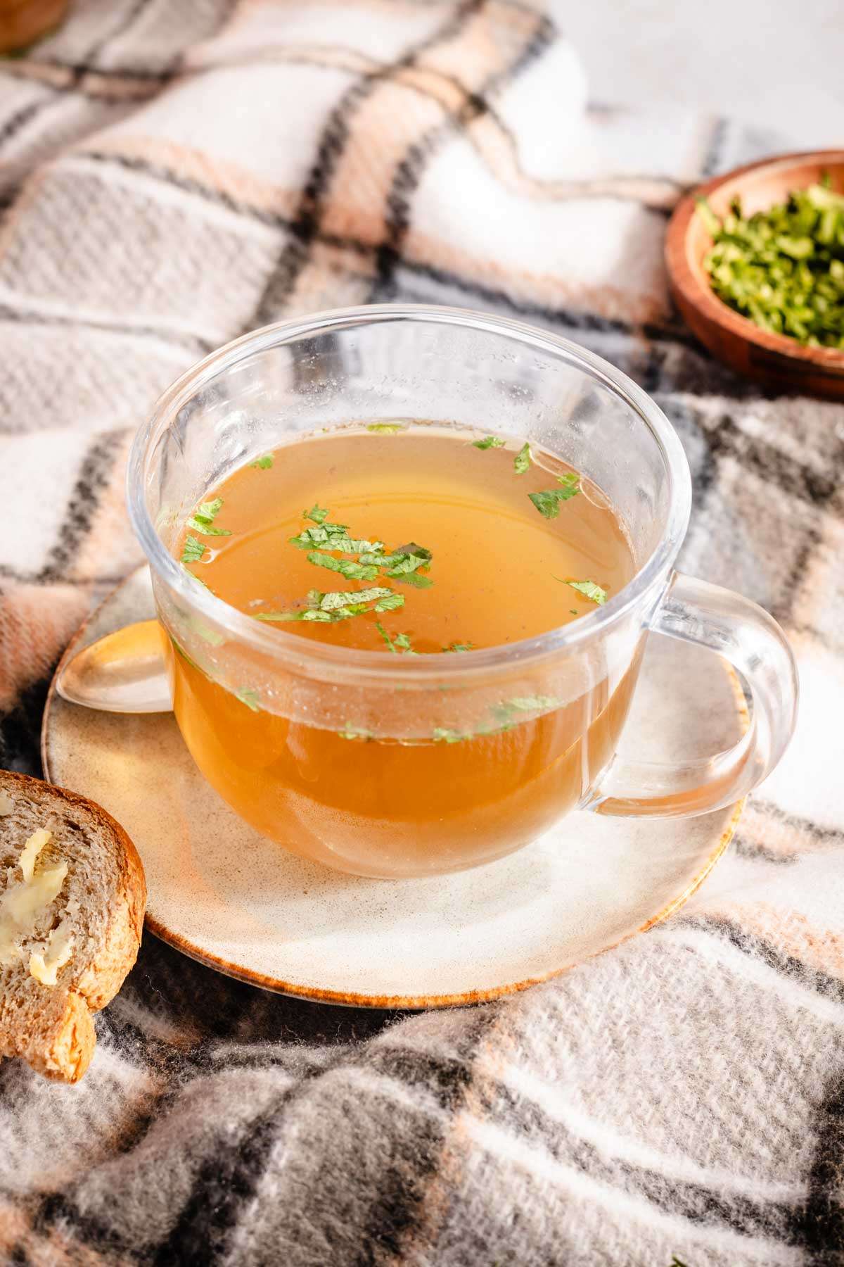 beef broth in a drinking glass