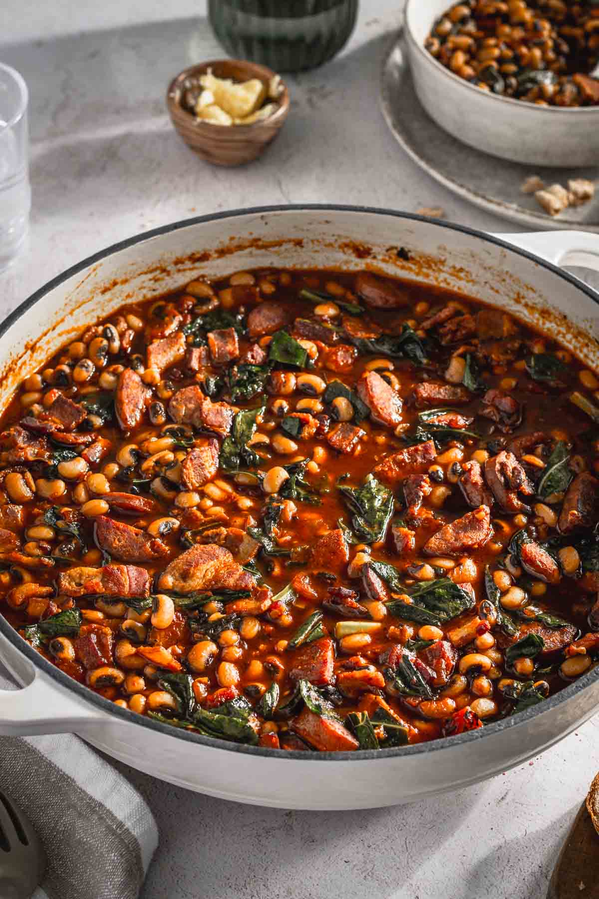 black-eyed pea stew in a cooking pan, close up