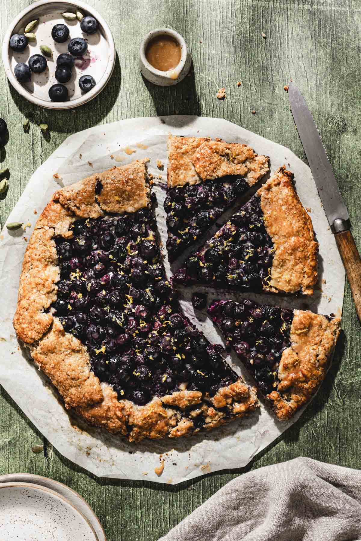 baked galette with slices cut out