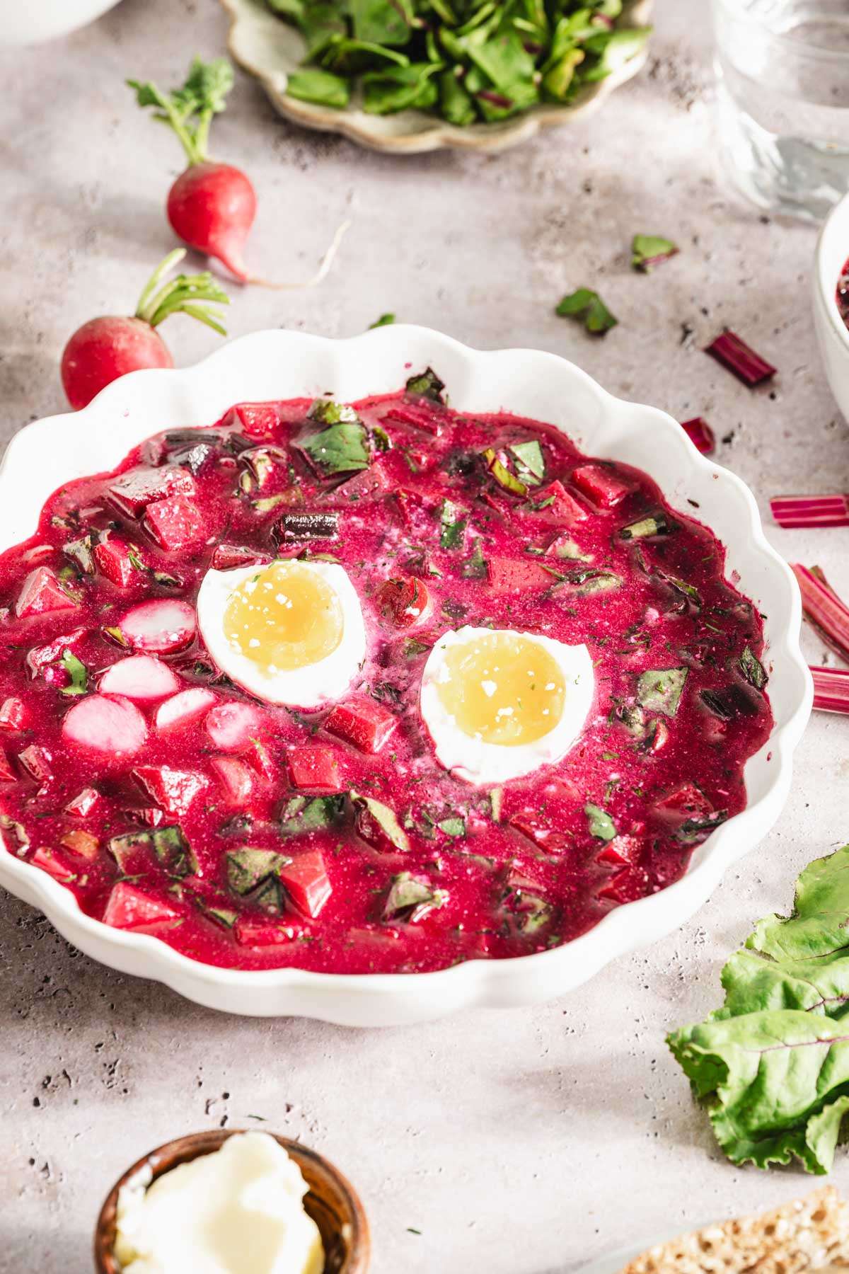 botwinka soup in a serving bowl, with hard boiled egg, radishes