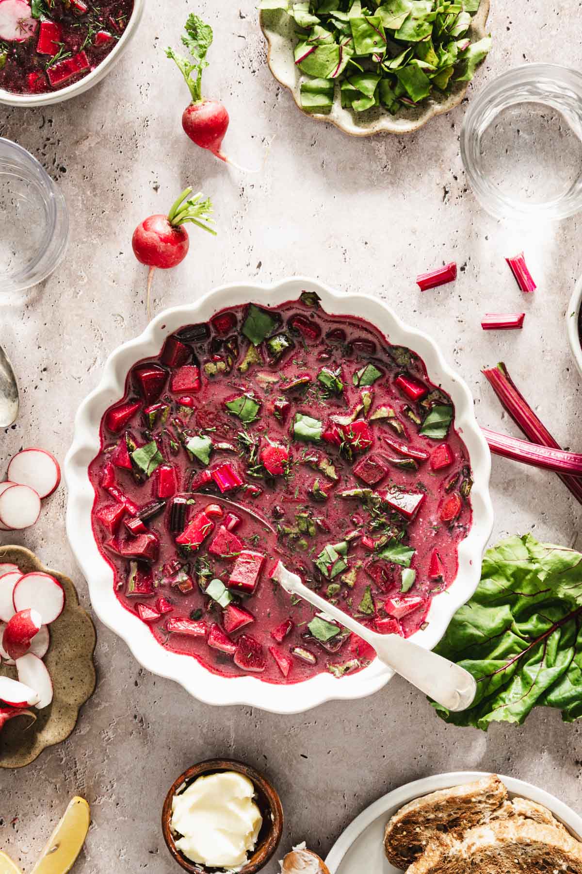 botwinka soup in a bowl, spoon, dish with sliced radishes