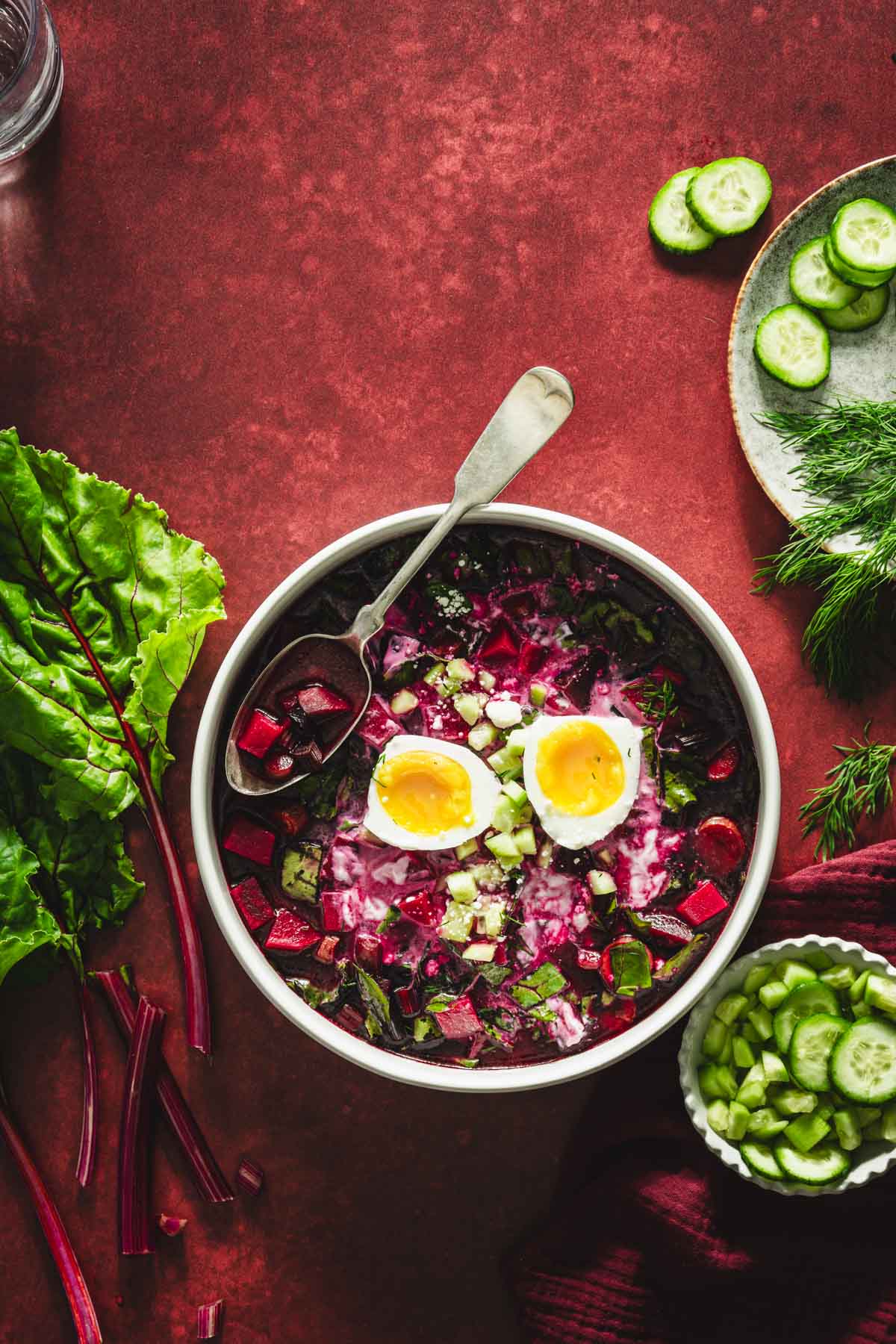 on a red background, botwinka soup in a serving bowl, garnished with an egg, beet leaves, fresh dill, cucumbers