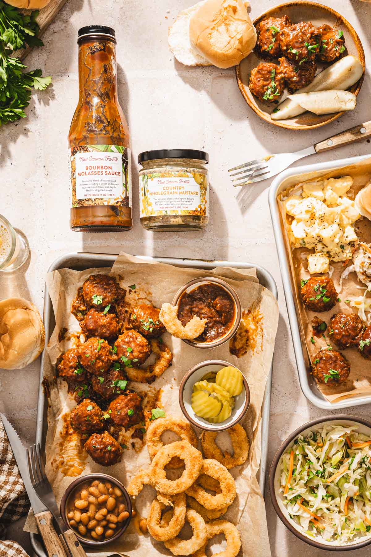 brand jars, serving trays with meatballs