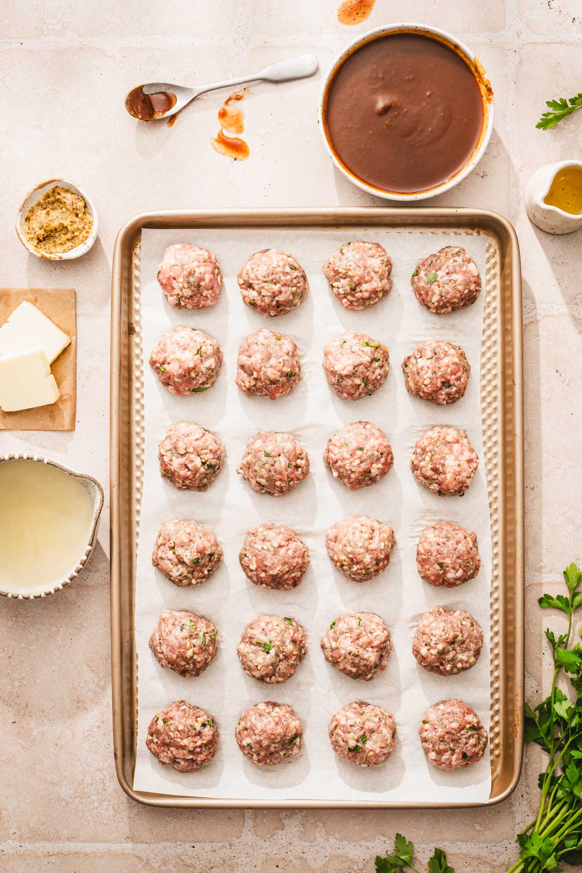 bakign sheet with formed meatballs