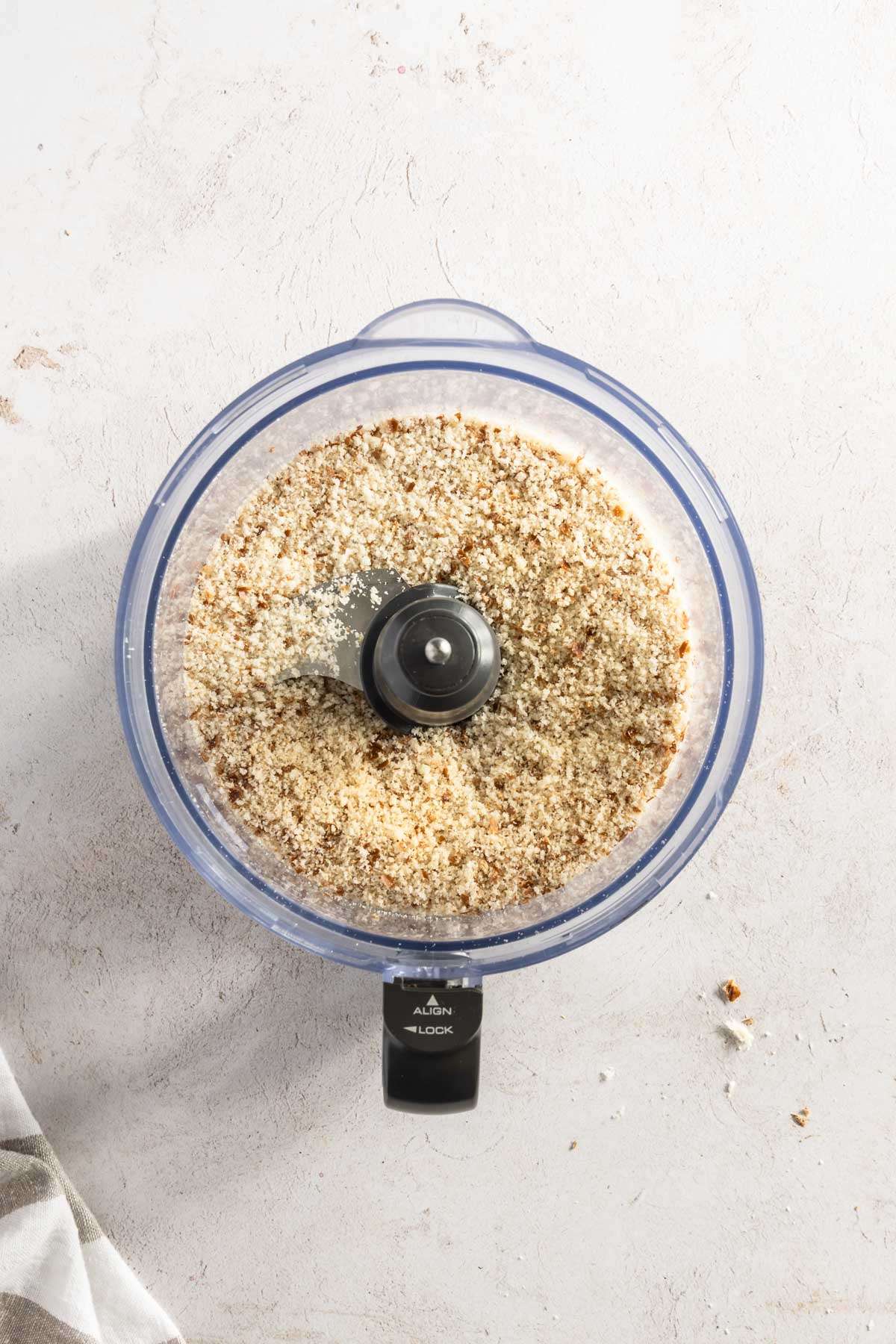 pretzel minis cut and placed in the food processor, finished grinding