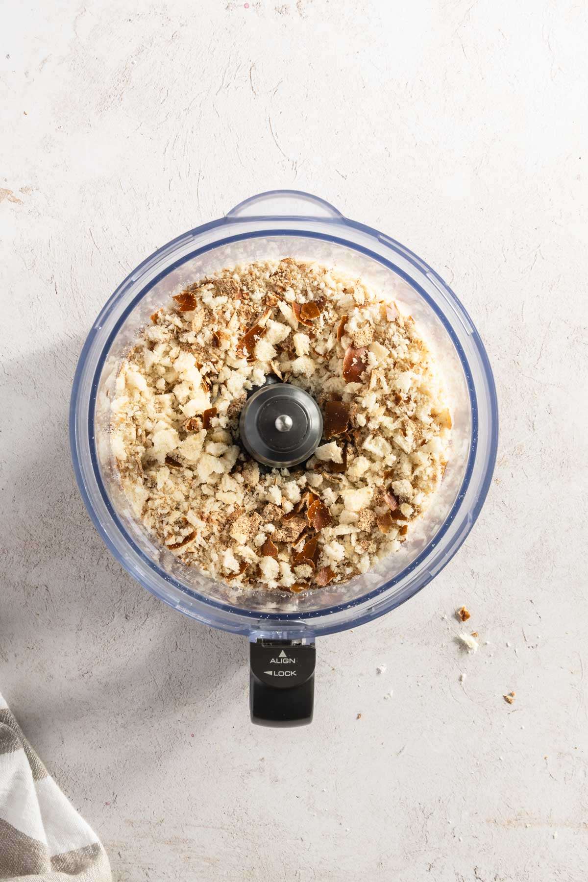 pretzel minis cut and placed in the food processor, after first grind