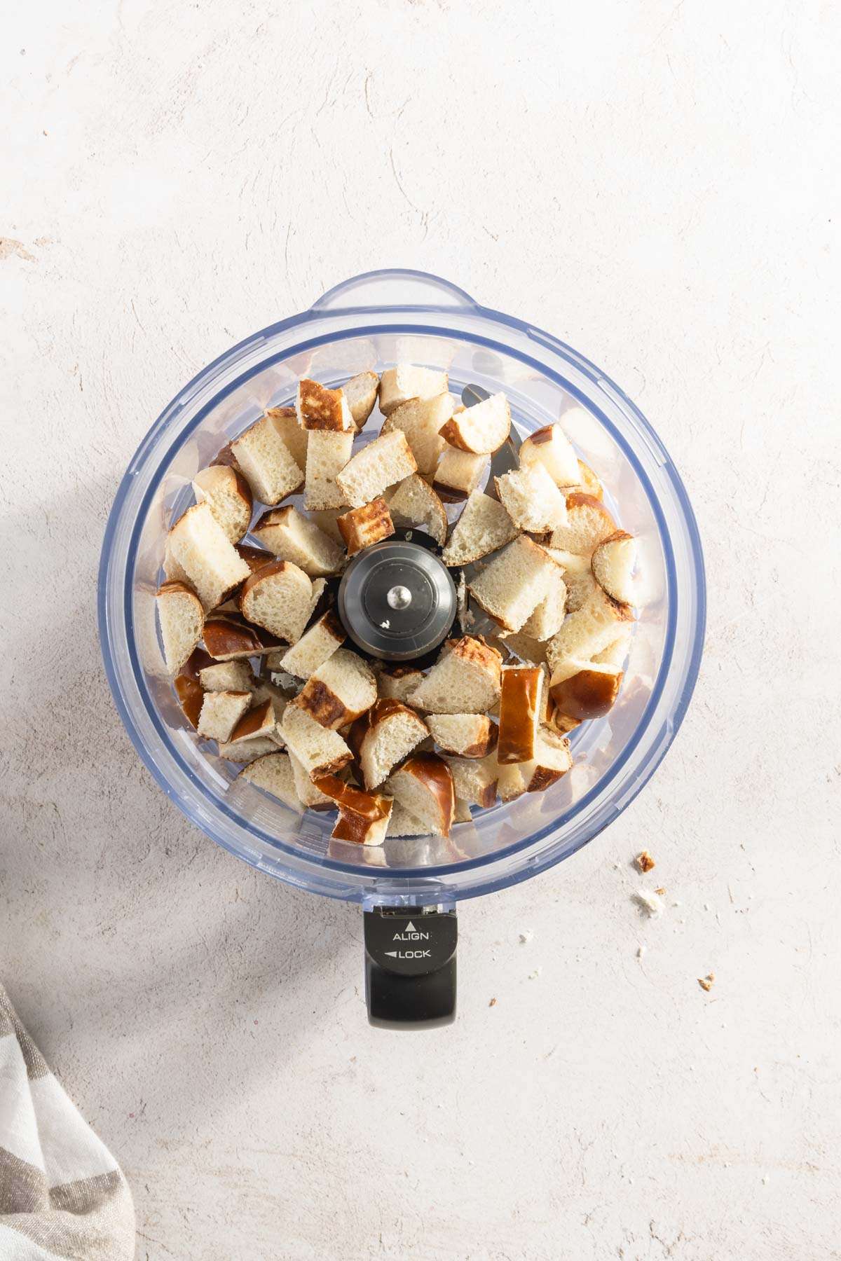 pretzel minis cut and placed in the food processor