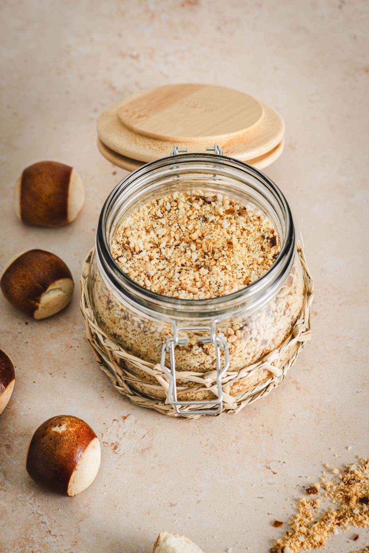 Breadcrumbs in a jar, few pretzel minis around