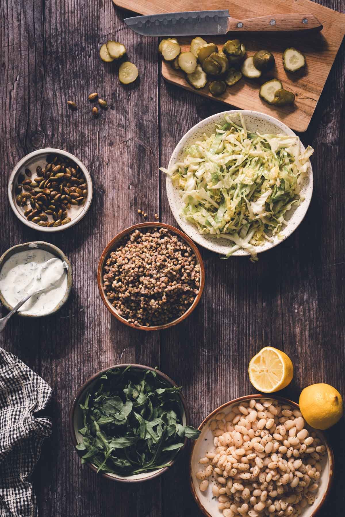 various bowls with prepared ingredients