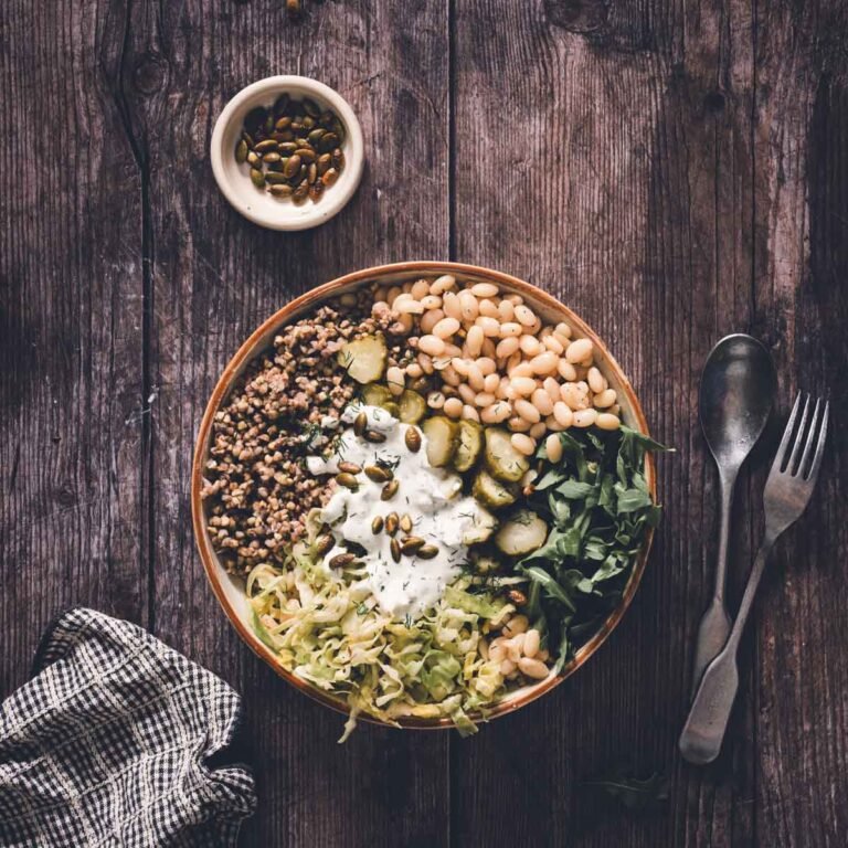 buckwheat bean bowl in a serving bowl, napkin, utensils