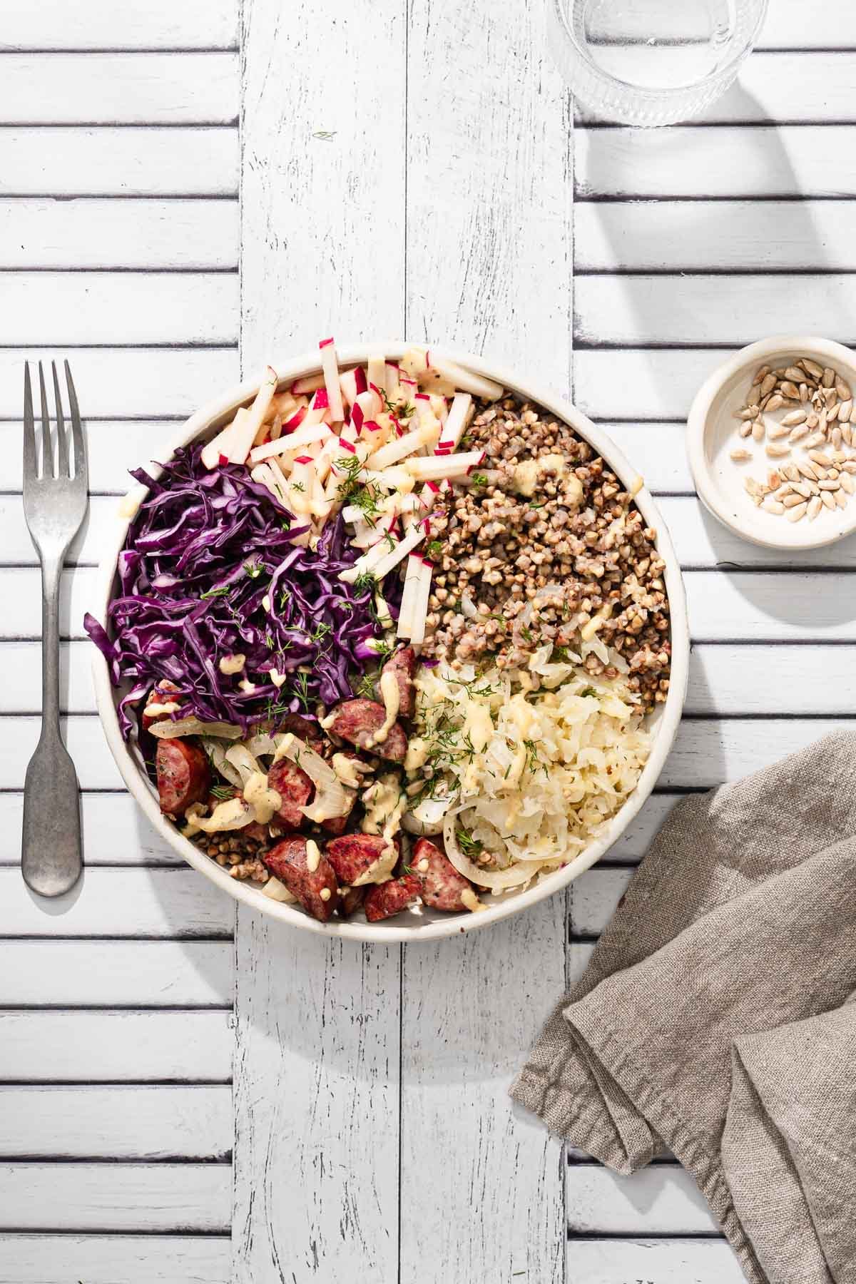 buckwheat bowl, fork, napkin