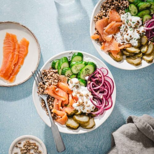 salmon buckwheat bowl and veggies, plate with salmon