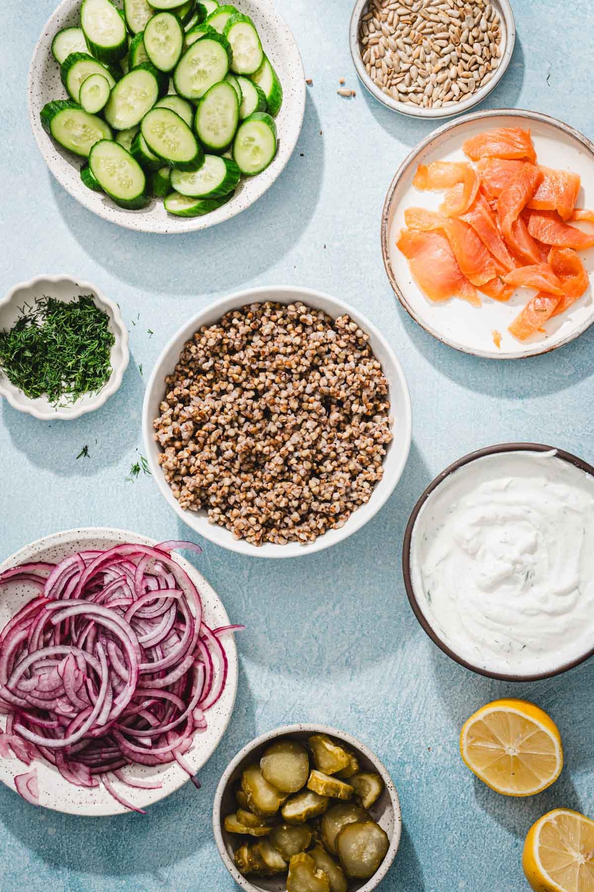 ingredients to make the salmon buckwheat bowl