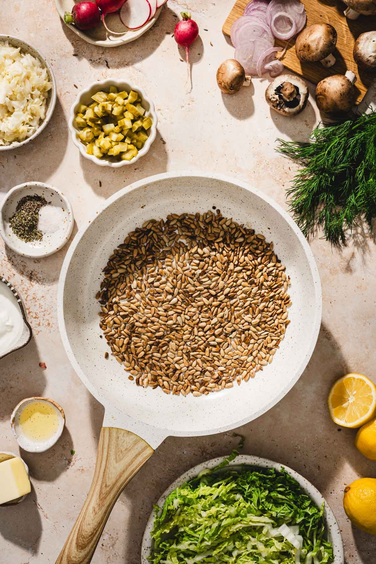 dry roasted sunflower seeds in a skillet