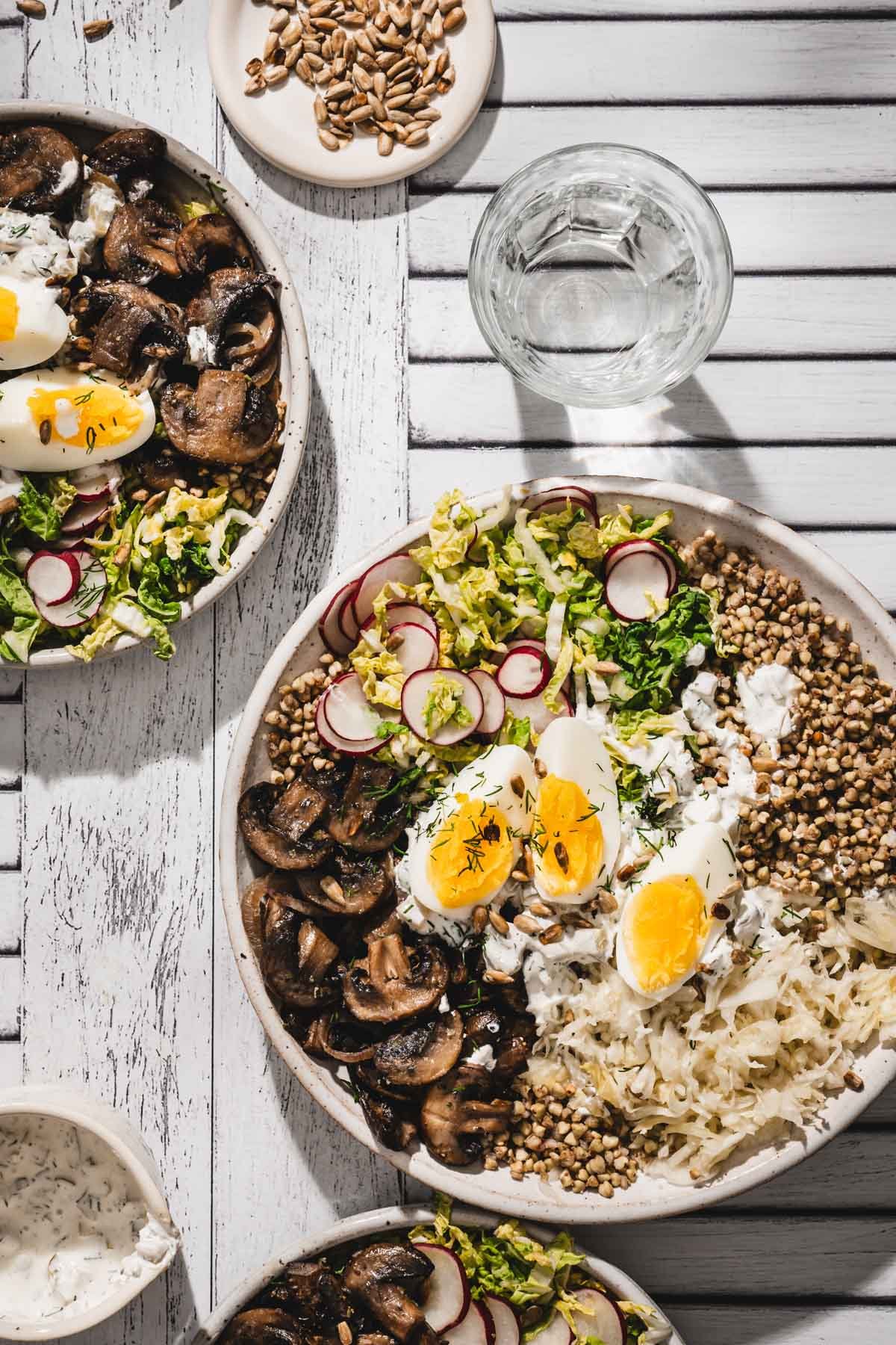 top view serving bowls with mushroom and buckwheat