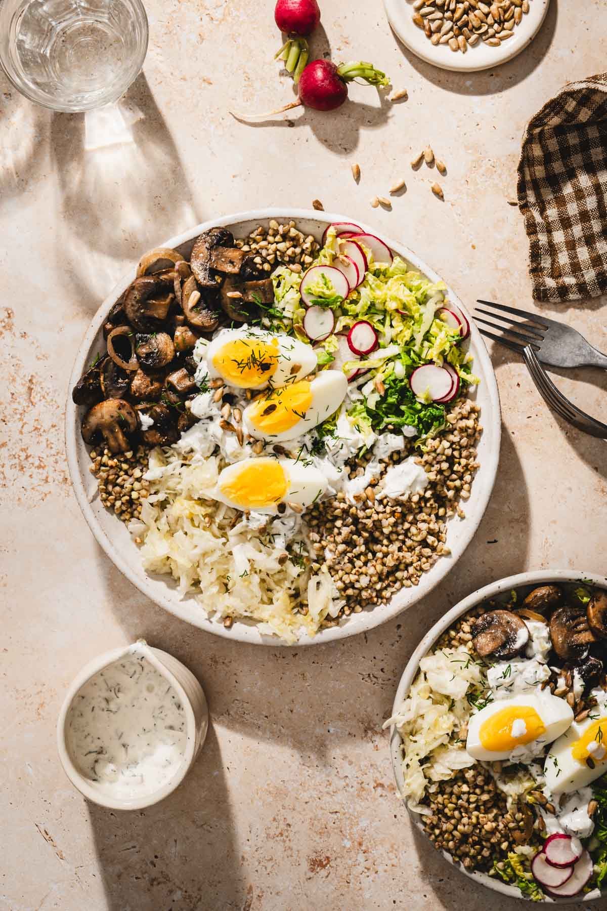serving bowls with mushroom and buckwheat