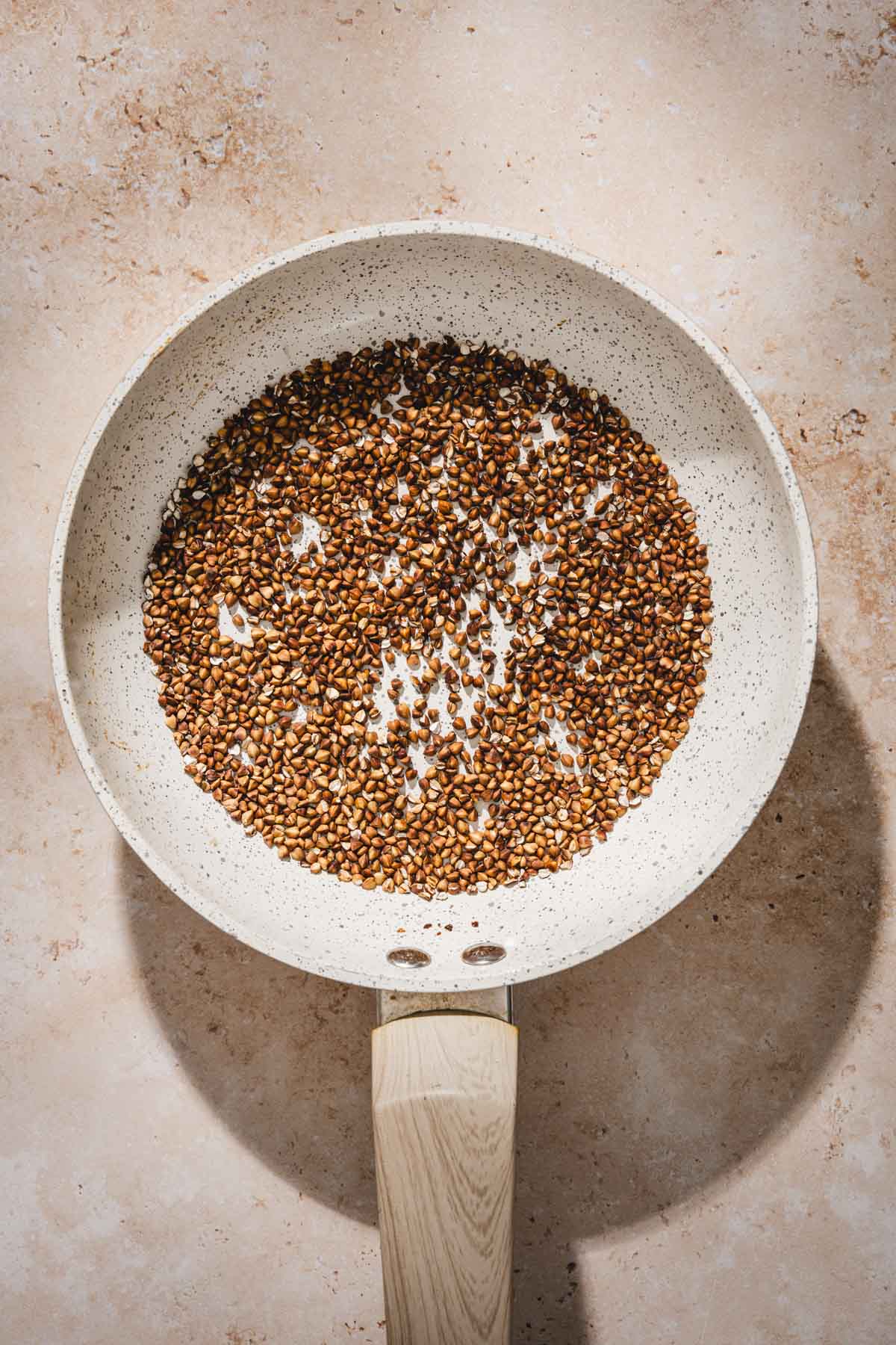 toasted buckwheat groats on a skillet