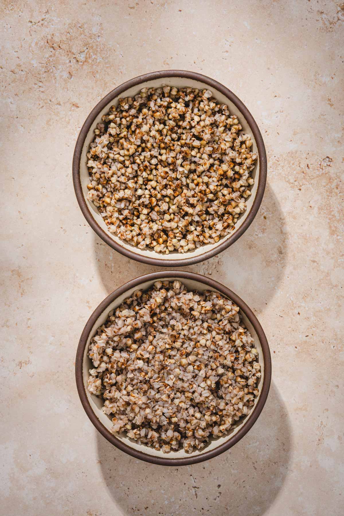 serving bowls with cooked buckwheat groats
