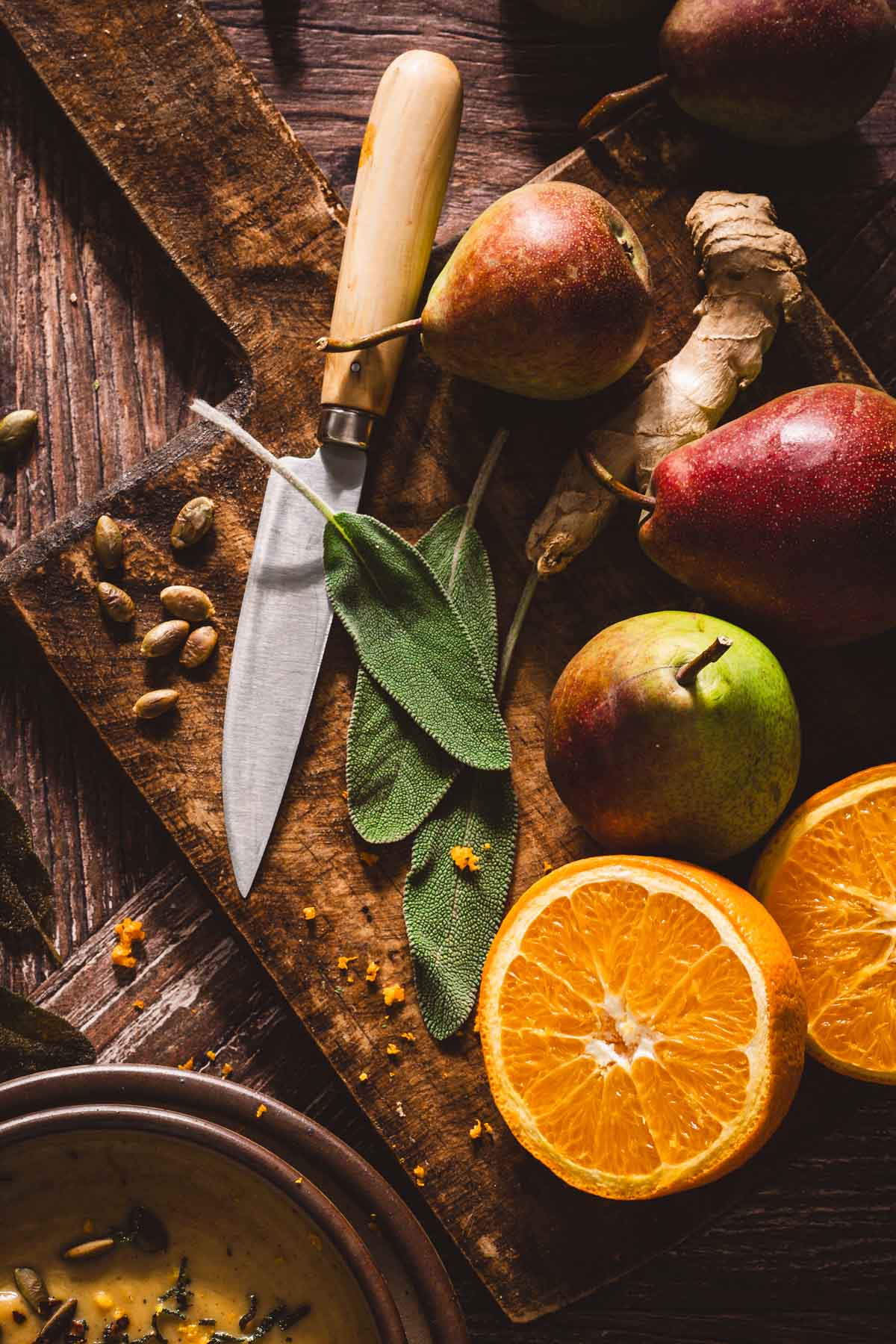 close up of the pears, oranges, sage