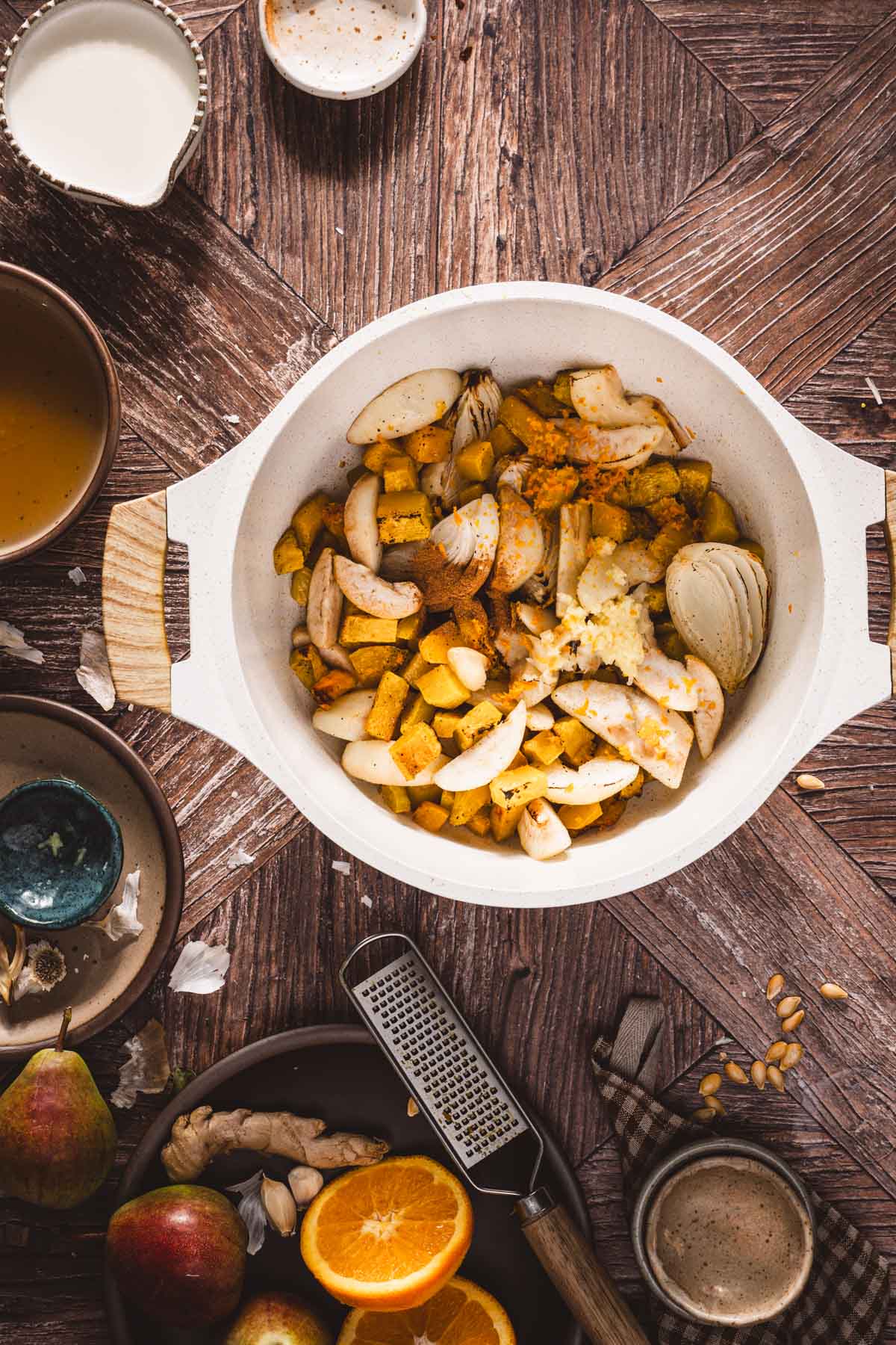 soup pot with the roasted veggies and spices