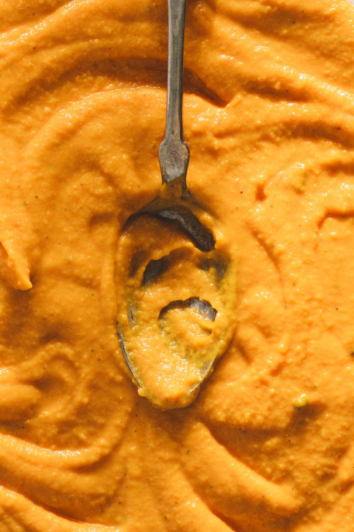 butternut sauce close up, spoon in the center