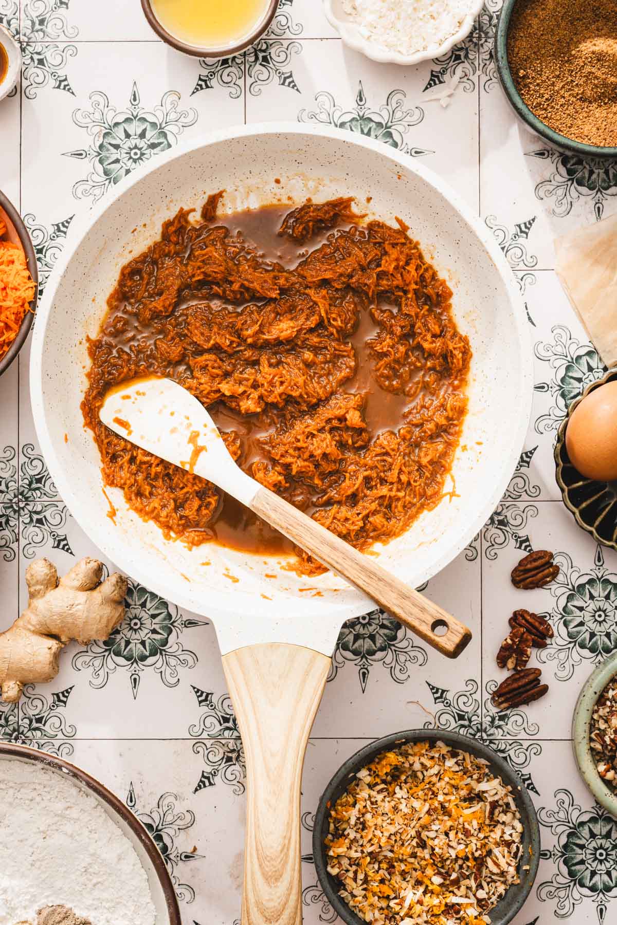 skillet with carrots cooked in caramel