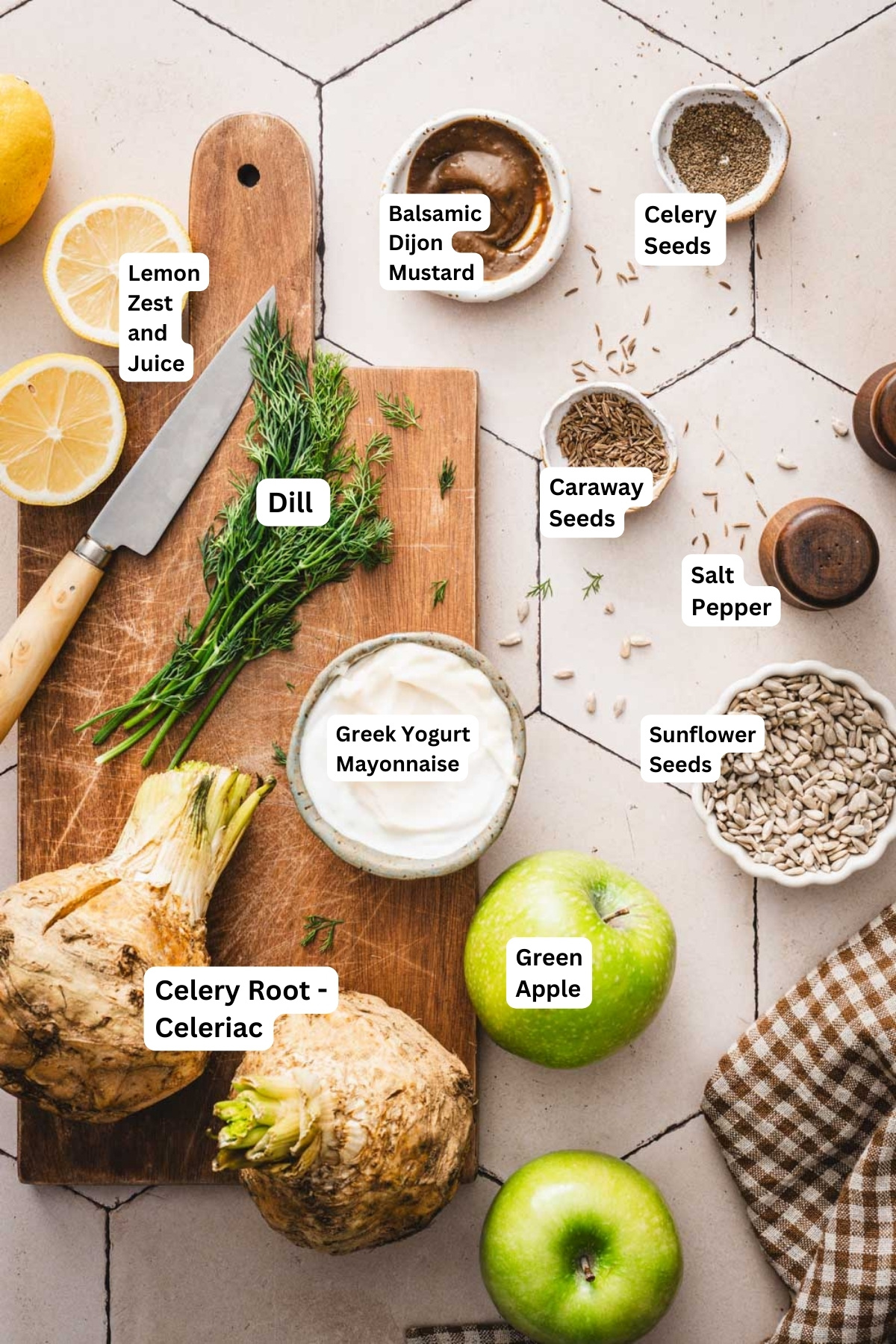 ingredients to amek celery salad with name tags