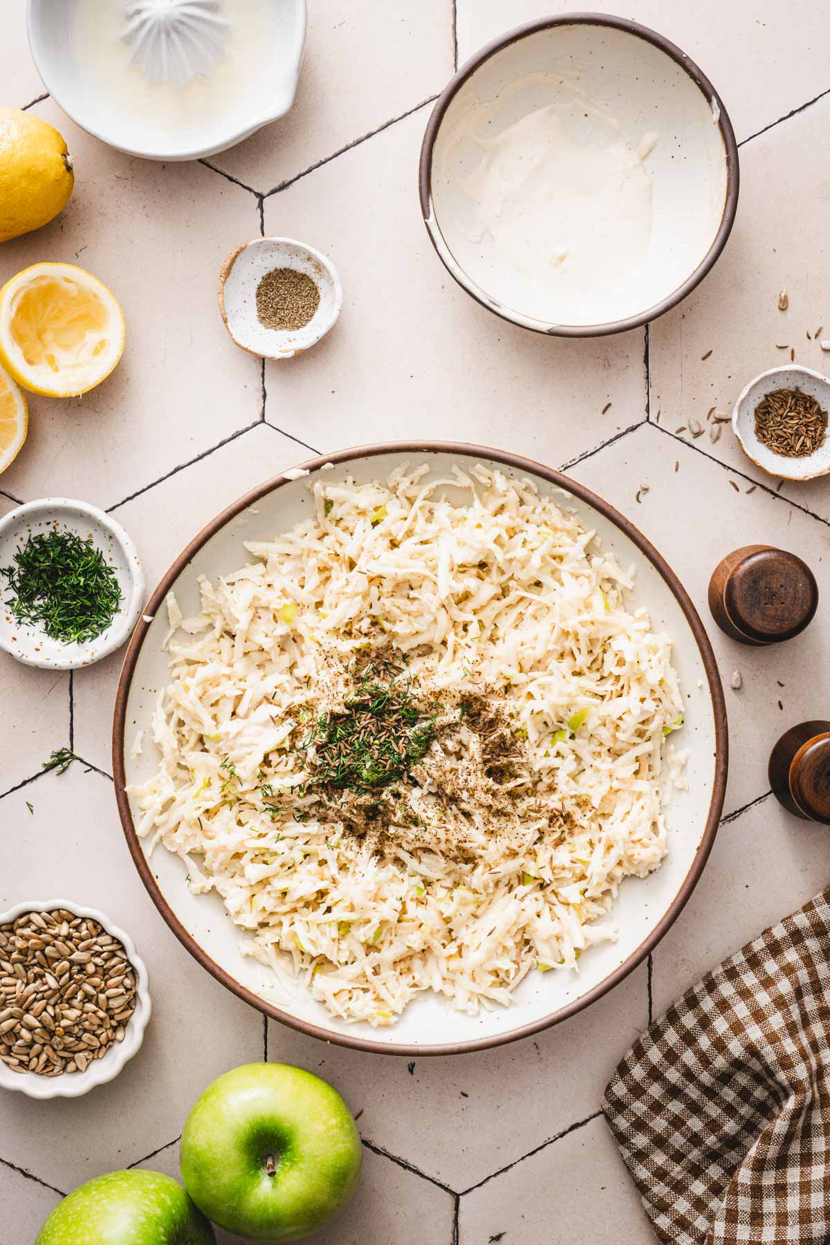 dressing, sunflower seeds and frsh dill added to the salad