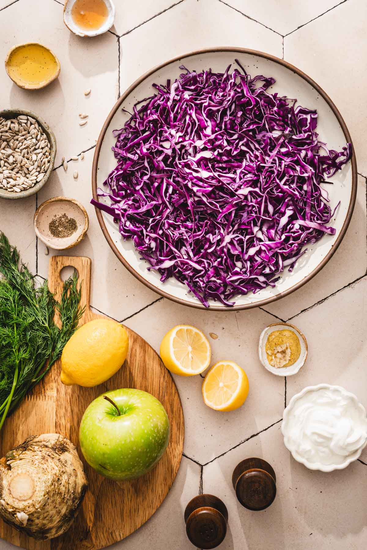 large bowl with shredded red cabbage