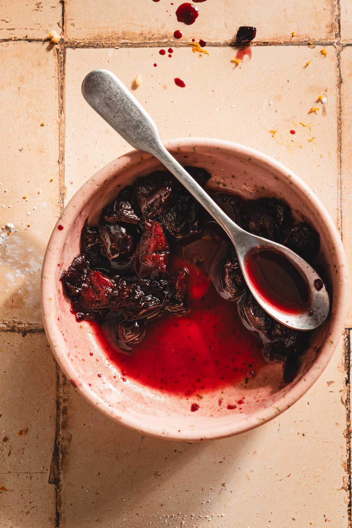 close up of a bowl with cherry compote