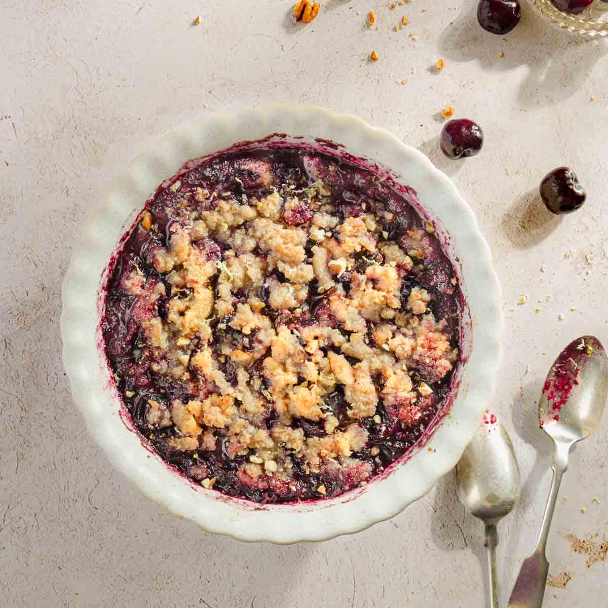 cherry crisp in a baking dish